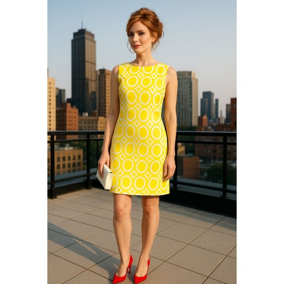 Alyx Yellow Geometric Sheath Dress Sleeveless Retro Graphic Print Size 14 - Picture 3 of 15